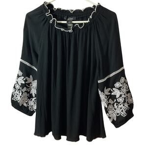 Ali Miles Black & White Embroidered Boho Top 3/4 Sleeve Small